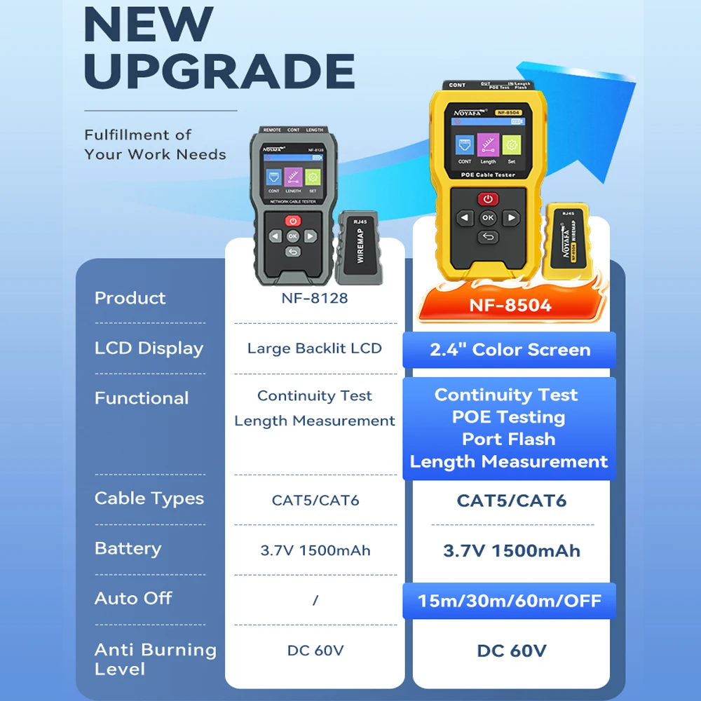 Noyafa NF-8504 تستر rj45 LCD شبكة كابل تستر PoE مدقق مضمنة الجهد فاحص التيار الكهربائي مع كابل تستر Lan تستر سلك