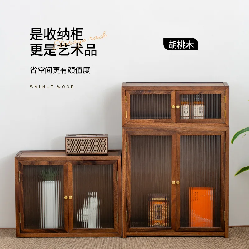 Black walnut floor storage cabinet living room solid wood multi-function split desktop locker tea set cup locker