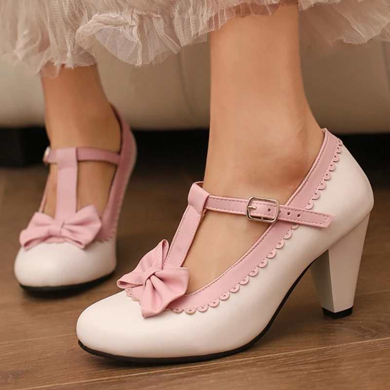 

Милые туфли принцессы Лолиты для девочек с милым бантом, розовые, черные, белые женские туфли-лодочки с ремешком на щиколотке, элегантные вечерние свадебные туфли, женские