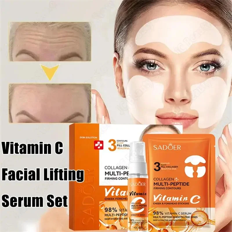 Vitamin C Facial Lifting Serum Set Collagen Anti-Wrinkle Patches Fade Fine Lines Anti Aging Whitening Korean Skin Care Products