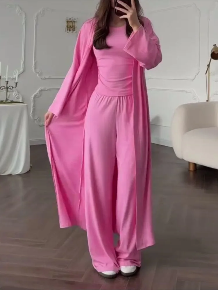 

2026 Elegant Vest + Wide Leg Pants + Long Jacket 3-piece Women's Fashion Spring Solid Color Waist Slimming Versatile Suit Female