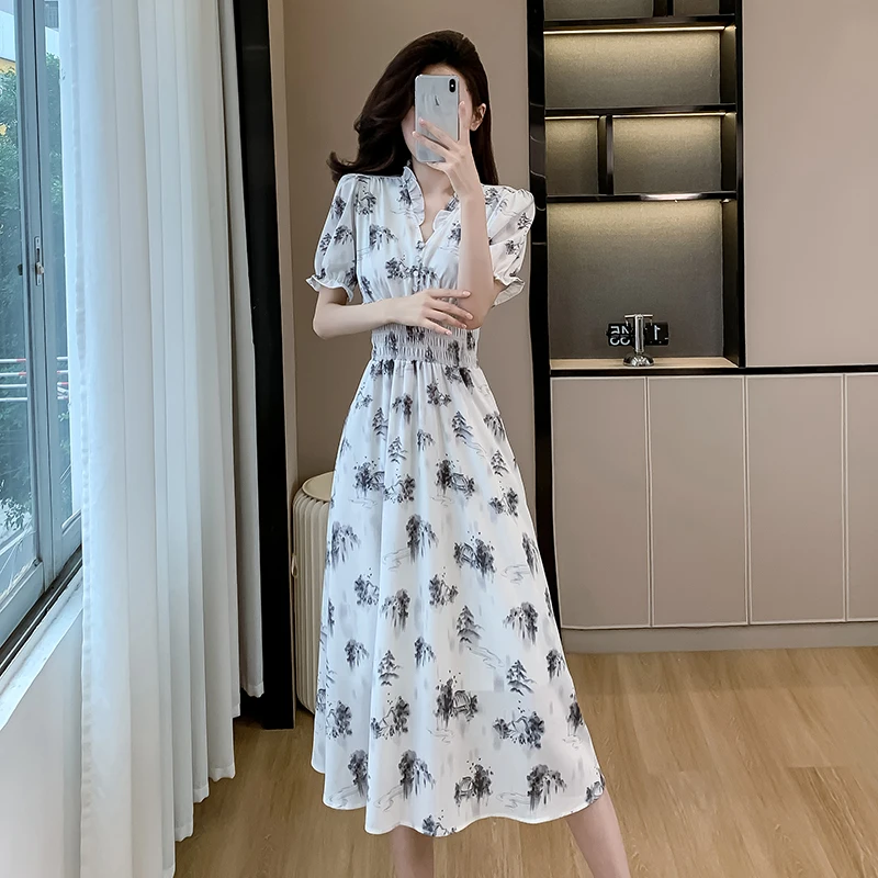 

Summer Fashion Sweet Ink Painting Printed Dresses Women's V-Neck Ear Edge Bubble Sleeves A-Line Chiffon Casual Long Dress