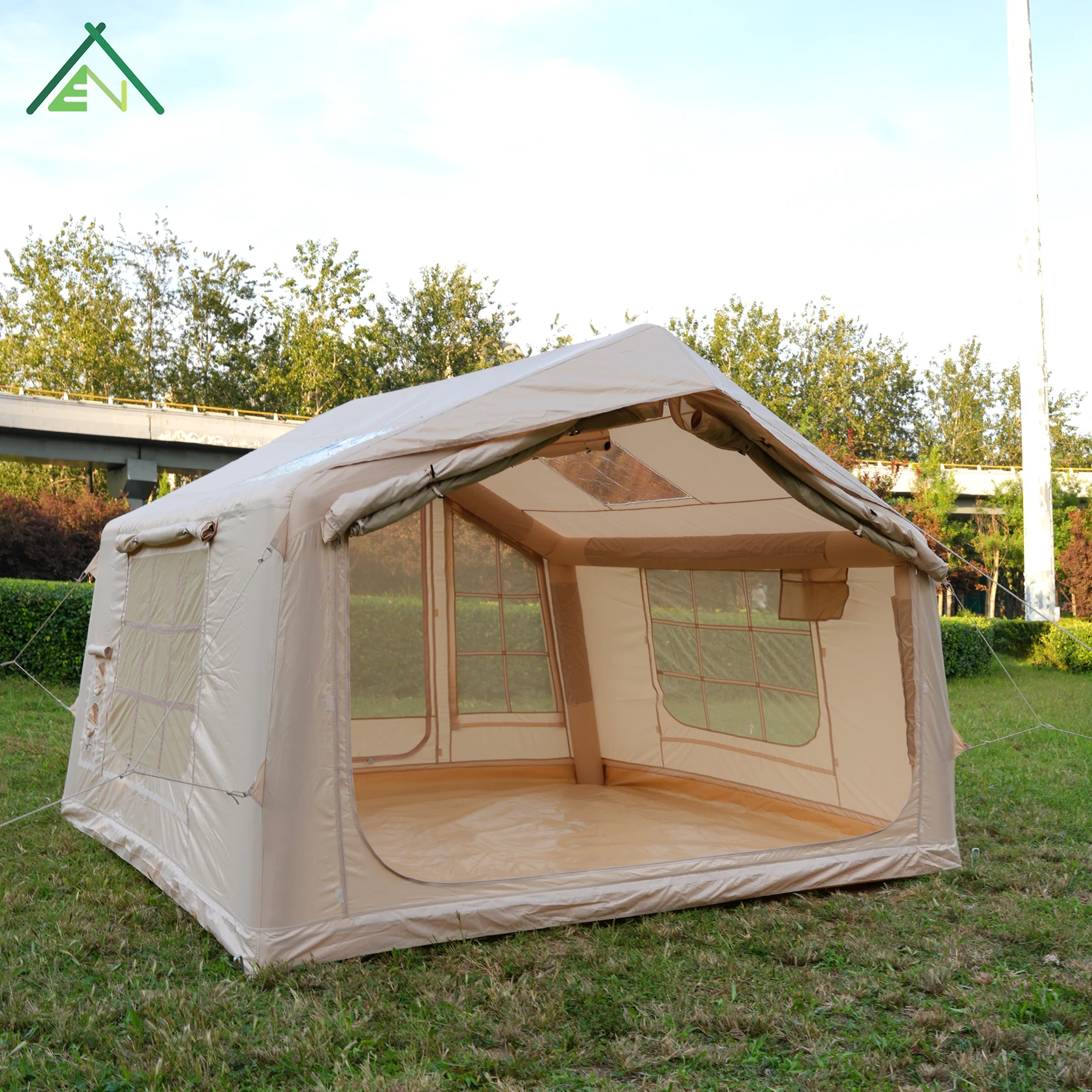 AT-8 Beige 8sqm Inflatable Camping House Four Season Waterproof 420D Oxford Air Column U Door Family Tent