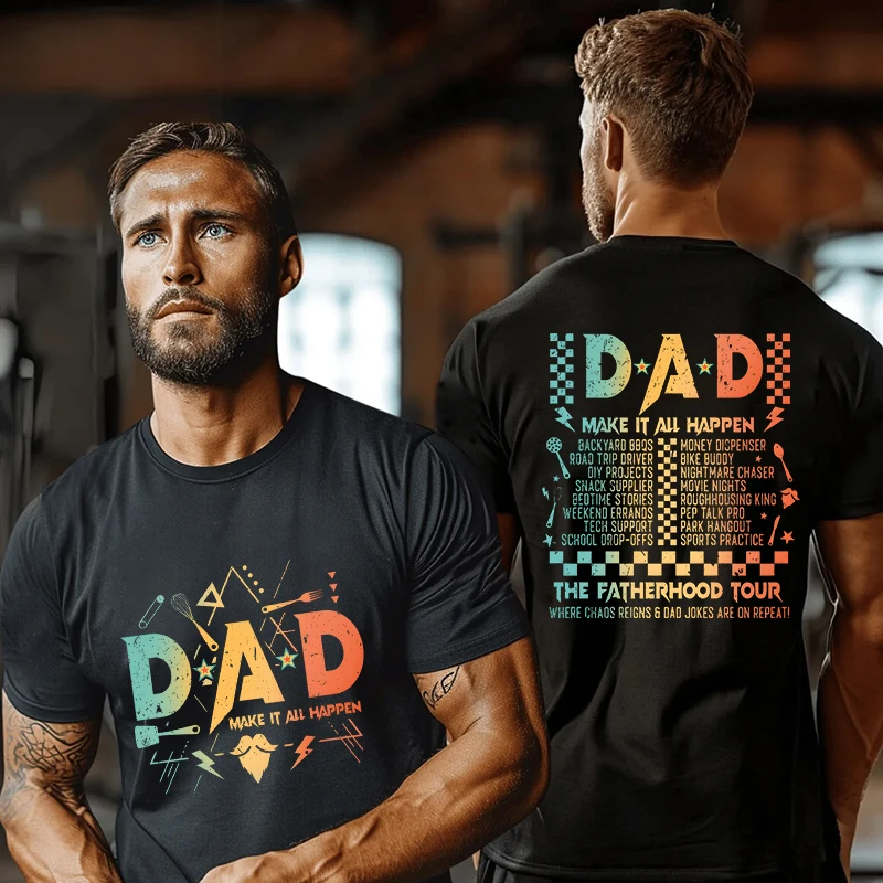 T-shirt double face « DAD Make It All Happen » pour homme, t-shirts graphiques rétro, hauts décontractés à manches courtes, cadeau amusant pour la fête des pères