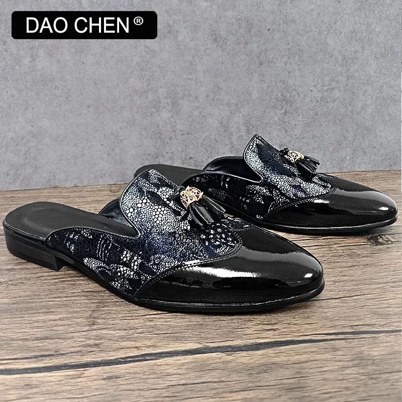 LUXURY BRAND MEN LEATHER SHOES BLACK BLUE FLOWER FIGURES CASUAL MENS DRESS SHOES SUMMER COMFORTABLE HALF SHOES FOR MEN