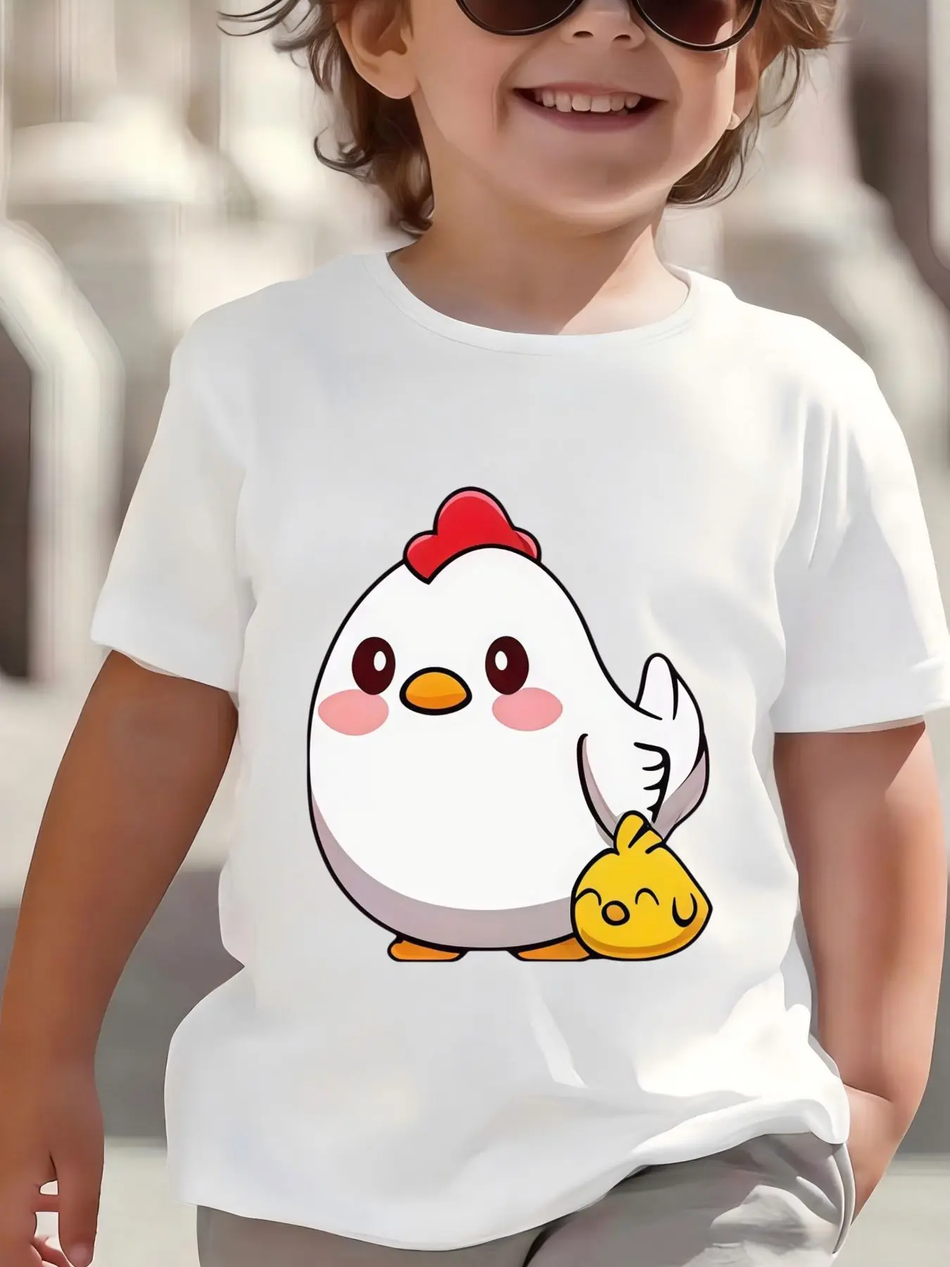 Cute White Hen With Sleeping Chick Cartoon Print T Shirt Boys Girls Lovely Short Sleeve Tee Family Matching Kids Cotton Tops