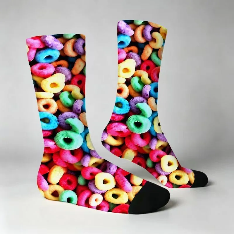 Fruit Loops Cereal Print Crew Socks, Colorful Novelty Casual Socks for Men Women