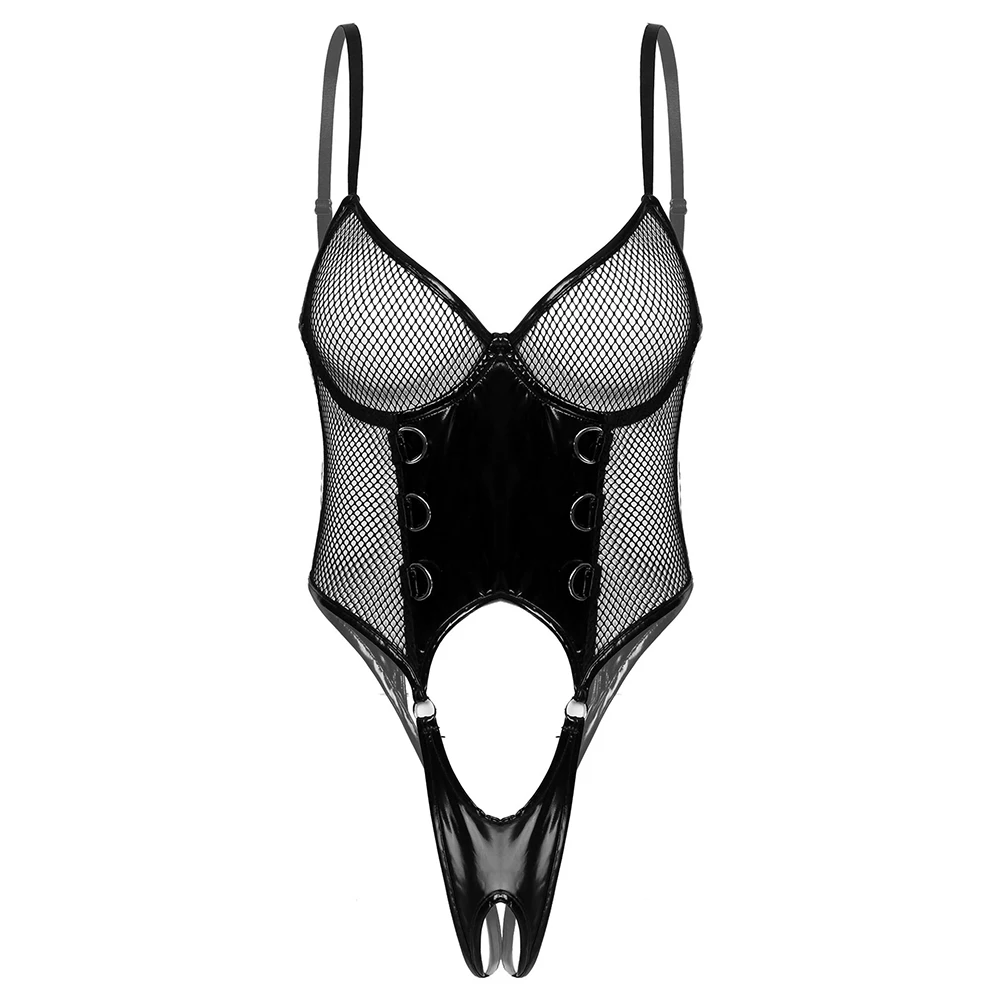 

Sexy Women Faux Leather Bodysuit Transparent Ultra-Thin Lingerie Mesh Wet Look Hollow Out Jumpsuits Seduction Erotic Sleepwear