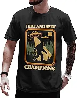 Men Crew Neck Cotton Blend Short Sleeve T Shirt Retro UFO Bigfoot Hide And Seek Slogan Graphic Casual Tee