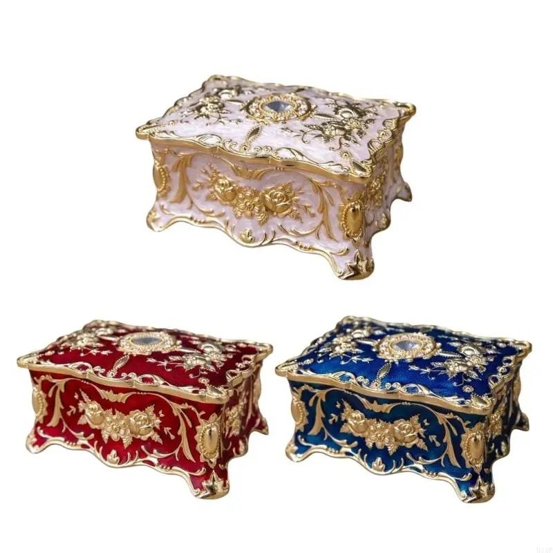 

91AF Элегантная металлическая шкатулка для драгоценностей с гравировкой европейской розы для колец, ожерелий, сережек с мягкой