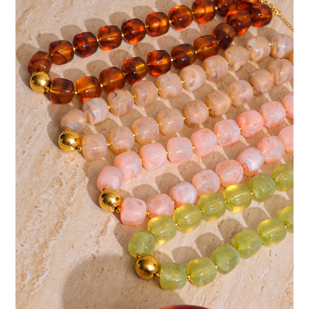 Yhpup Acrylic Square Beads Chain Necklace Bracelet Bangle Stainless Steel Handmade Jewelry Waterproof Green Khaki Pink Amber