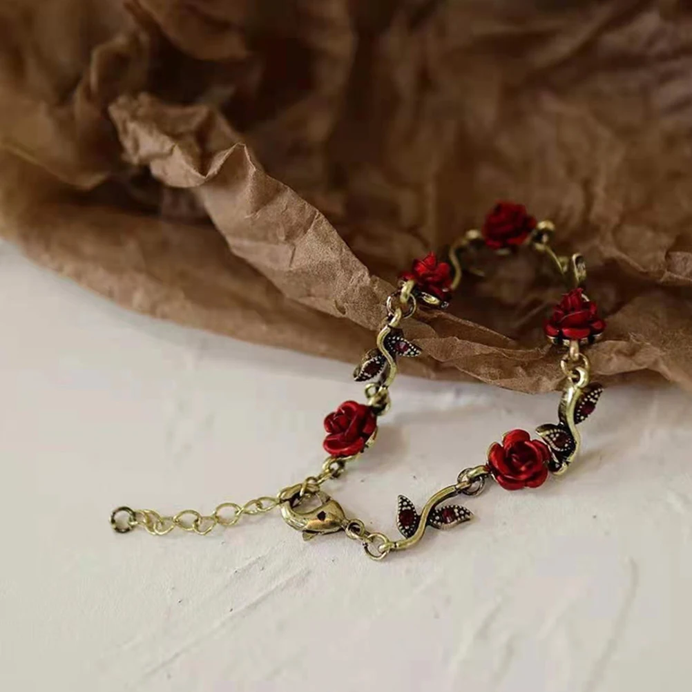 

Rose Bracelet Red Rose Flower Chain Charm Adjustable Lobster Clasp Valentine's Day Gift Romantic Flower Wrist Chain