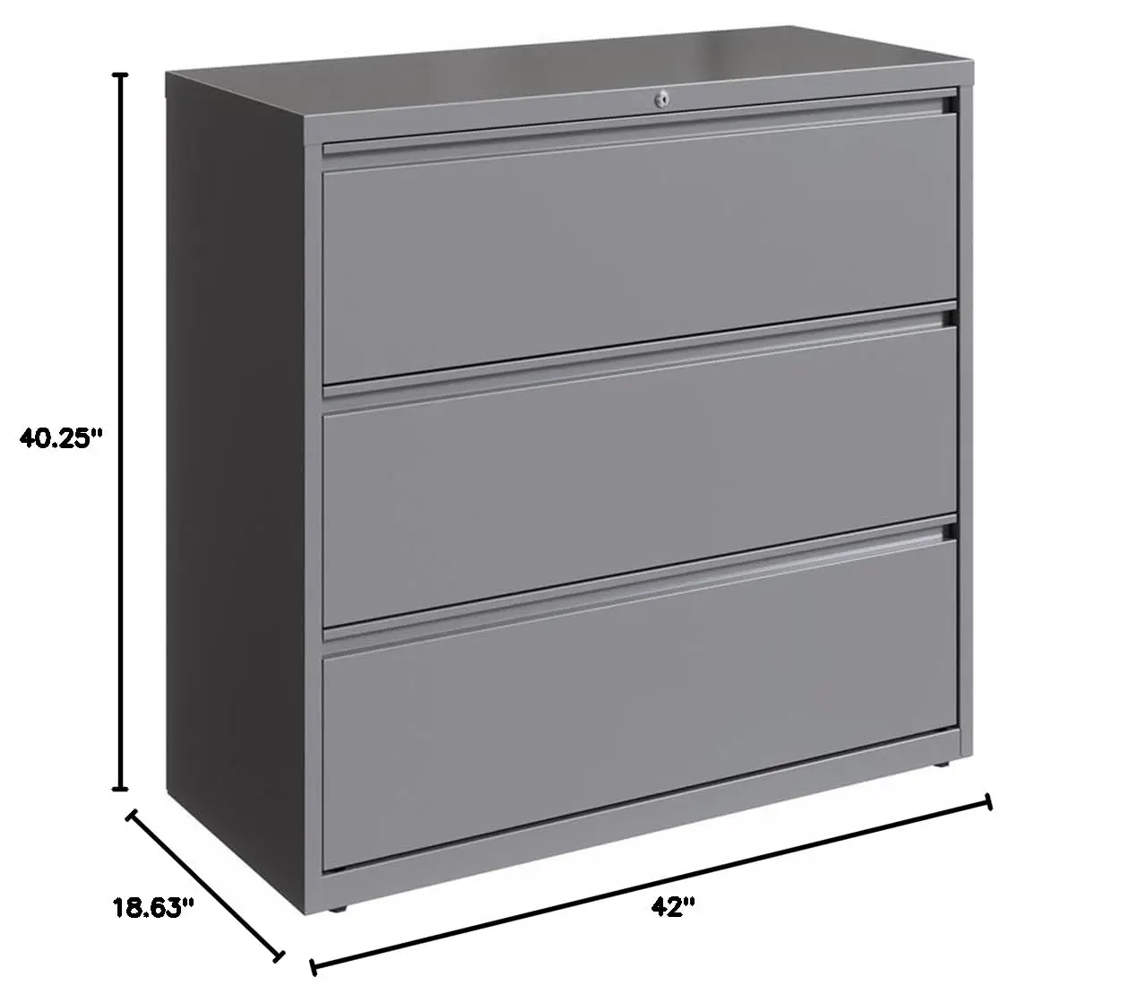 42in Wide 3 Drawer Metal Lateral Filing Cabinet, Arctic Silver, Commercial Grade, Ball-Bearing Suspension, Dual Lock