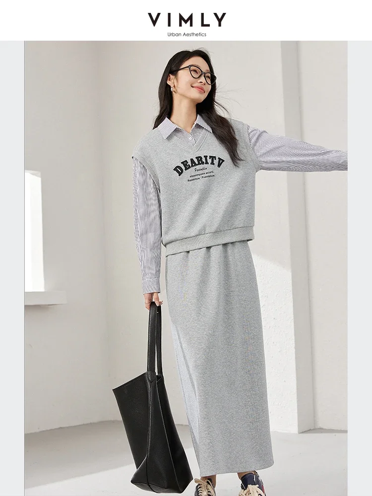 VIMLY Frauen Casual Röcke Set 2025 Frühling Einfache Oansatz Gefälschte 2PCS Sweatshirt Elastische Taille Schlitz Rock Büro Dame Kleidung set