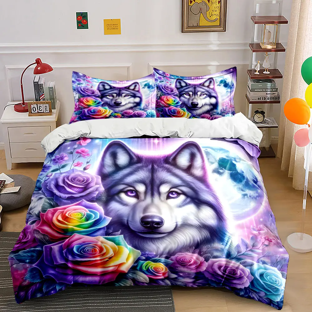 Dreamy Wolf with Rainbow Roses Print Bedding Set 1 Duvet Cover 2 Pillowcases for Adult and Children Luxury Gift Full Size
