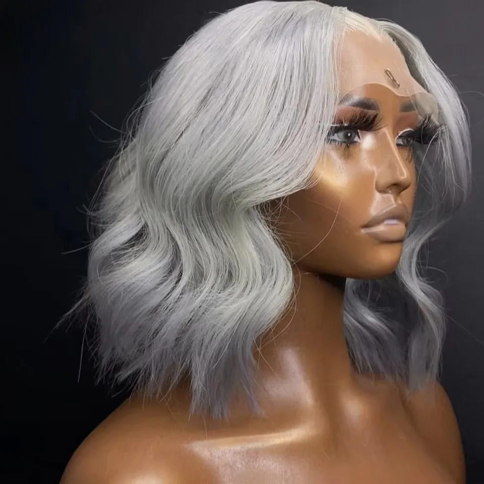 Grey Bob Loose Wave Synthetic 13x4 HD Lace Front Wigs for Women Curly Medium Part 180% Density Glueless Salon Hairpiece Prepluck