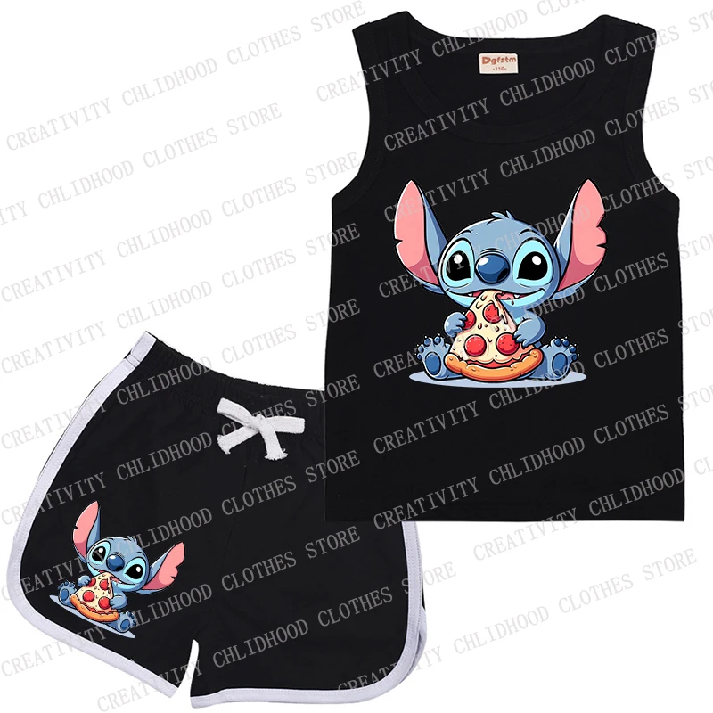 Stitch Strawberry Children Sports Suit Kids Vest & Shorts Disney Cartoons Summer Casual Clothes Sleeveless for Girl Boy Sets