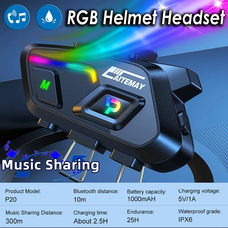 

Motorcycle Helmet Headset Stereo Voice Control Bluetooth Hands Free Call IPX7 Waterproof 1000mAh With Ambient Light Music Share