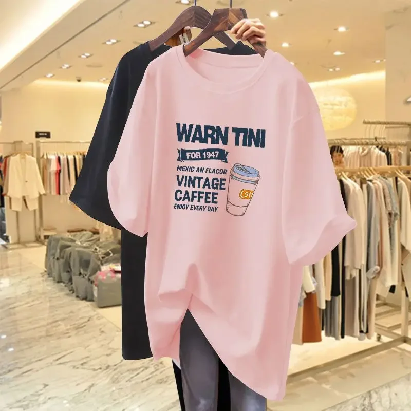 Women Clothing Letter Printing Cotton Basic T-shirts Summer Fashion Casual O-neck Short Sleeve Top Tee Loose Pullovers 45-105Kg