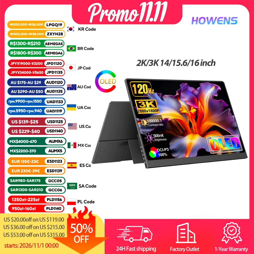 14/15.6/16 inch OLED 2K 3K Portable Monitor 2880x1800 16:10 500Nits 120Hz Gaming Display For Xbox PS 5 4 Switch Laptop Mac Phone