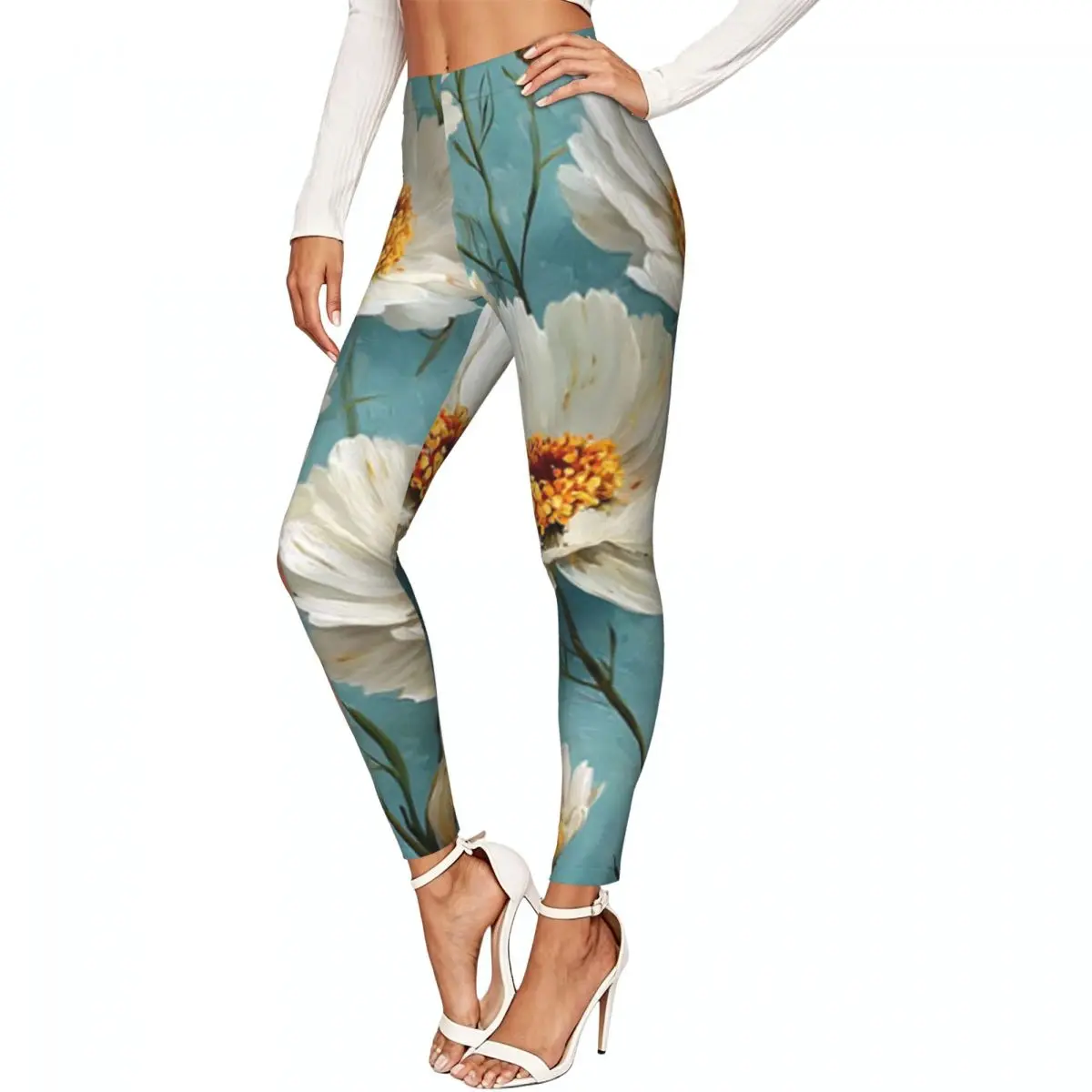 Ladies Elastic Waist Skinny Leggings Chrysanthemums On Blue Background Trousers For Daily Outdoor