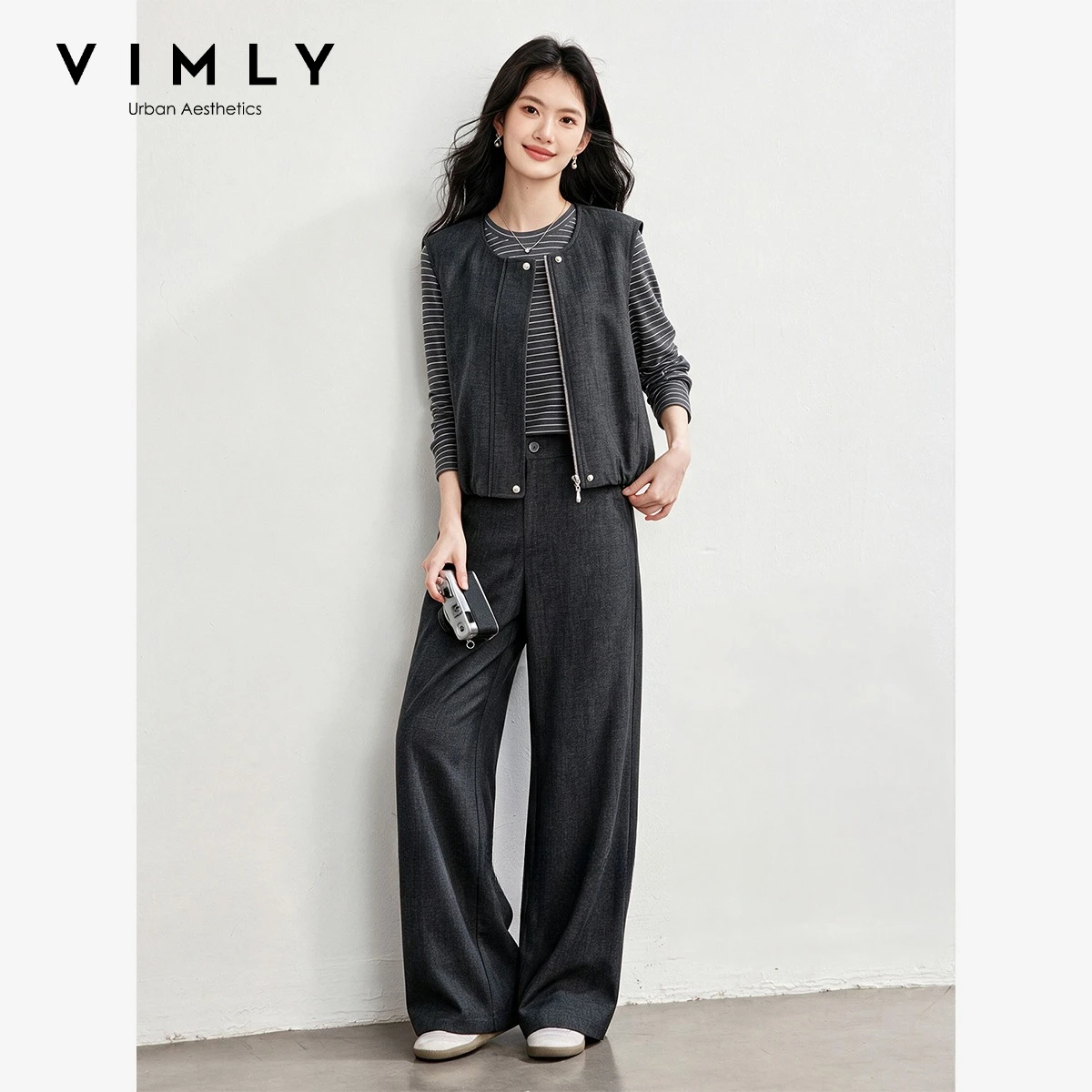 VIMLY Casual Three‑piece Set Women Long Sleeve Striped T‑shirt Round Neck Zip‑placket Vest Baggy Wide‑leg Pants Outfit A3705