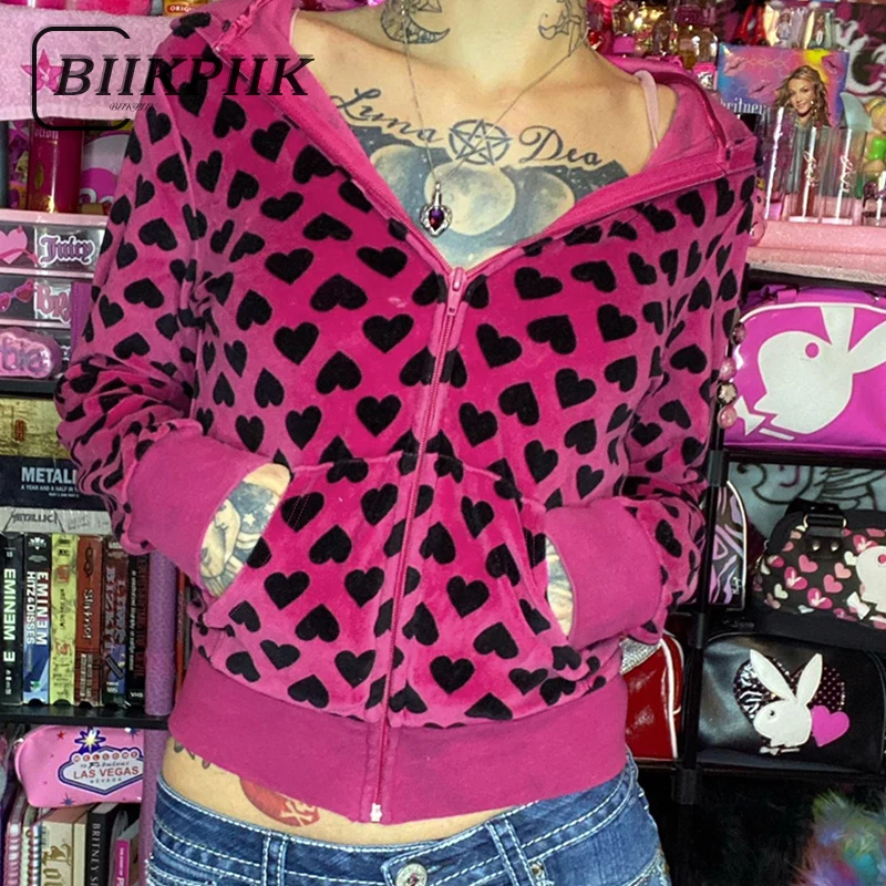 Biikpiik coração impresso com capuz jaquetas de veludo y2k retro zíper fino ajuste casaco meninas casual harajuku hoodies primavera dia dos namorados