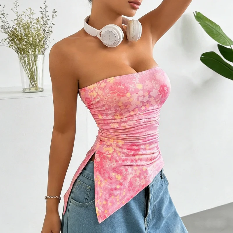 

Женский топ-бюстье без бретелек с акварельным цветочным принтом в стиле бохо, асимметричный, драпированный, из сетчатой ткани, для летнего пляжного отдыха