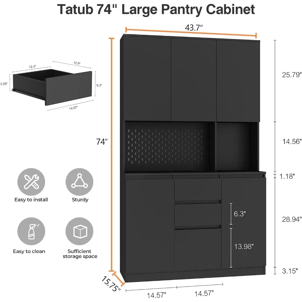 74” Tall Pantry Cabinet with Power Outlet, Kitchen Hutch with Storage & Microwave Oven Countertop