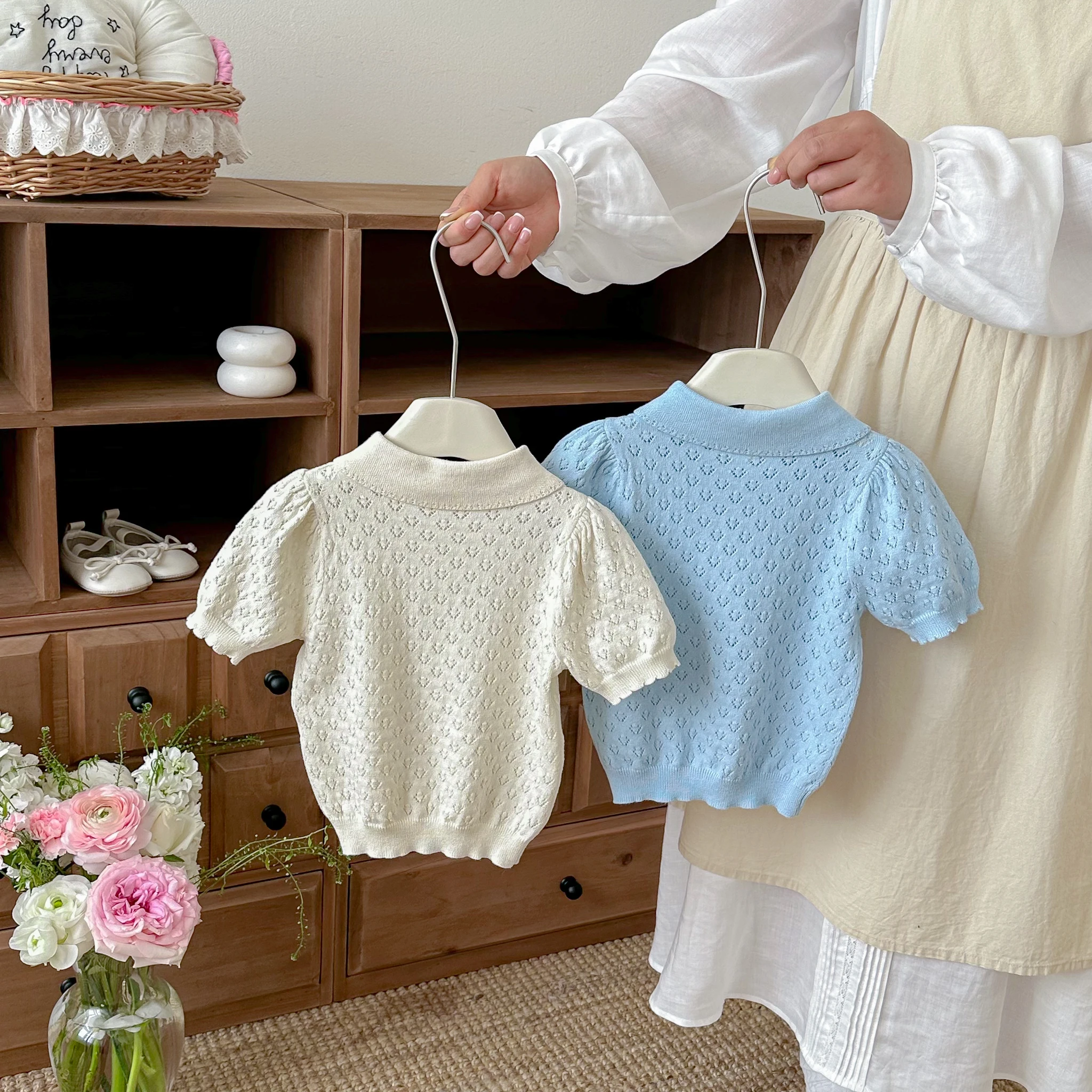 Infant and Toddler Forest-Themed Hollow-Knit Short-Sleeved Top, 2026 New Style, Korean Version, Fashionable Baby Shirt