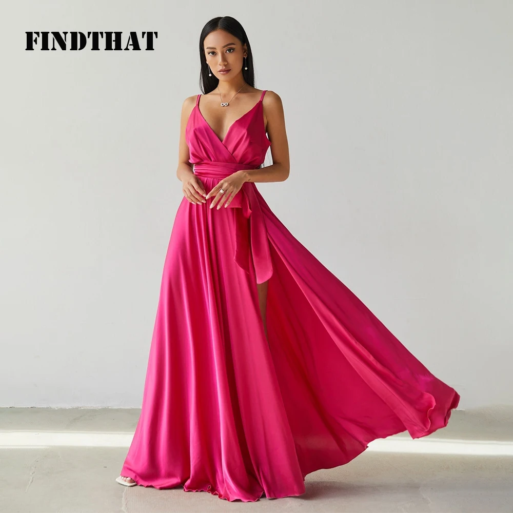 Findthat Fuchsia V-Neck Bridesmaid Dresses for Women 2024 Spaghetti-Straps Loose Satin A-Line Side Slit Party Gowns with Belt