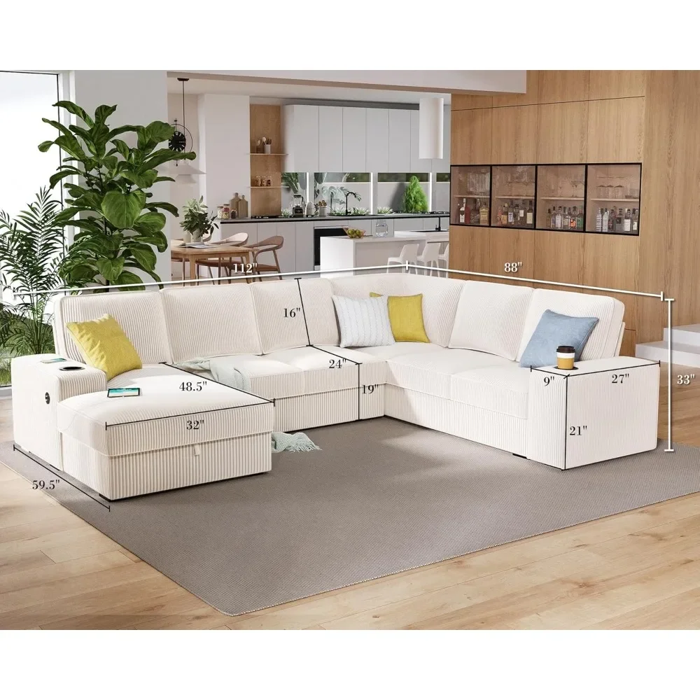 Oversized Sofa, U Shaped Sofa Couch with Storage Chaise, Sectional Sofa Couch with USB Ports & Cup Holder, Corduroy Couch