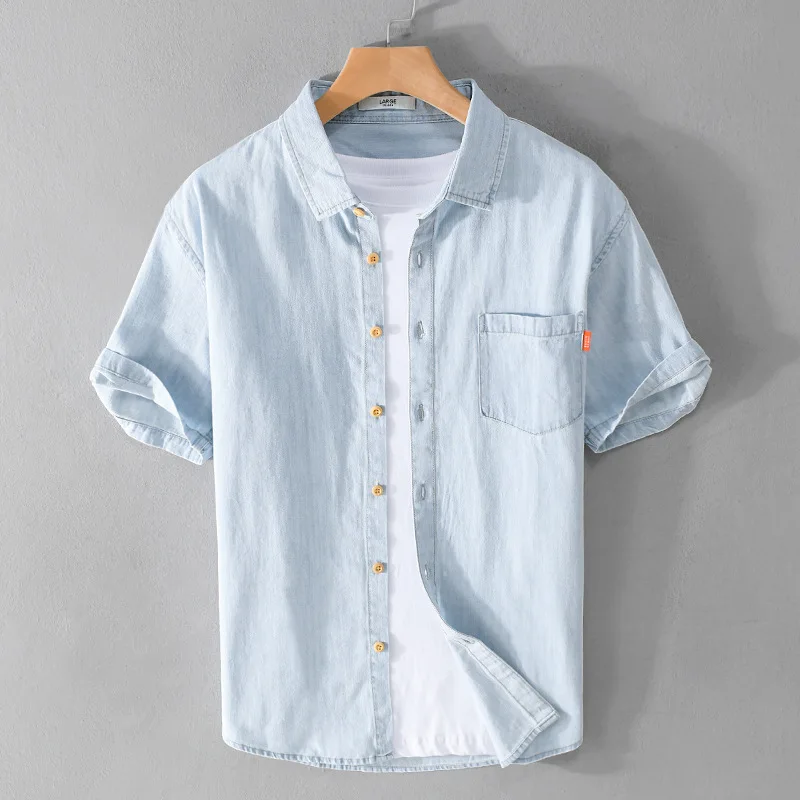 Summer Fashion 100% Cotton Solid Color Short Sleeve Denim Shirt Men's Classic Versatile Blue Loose Casual Simple Basic Tops
