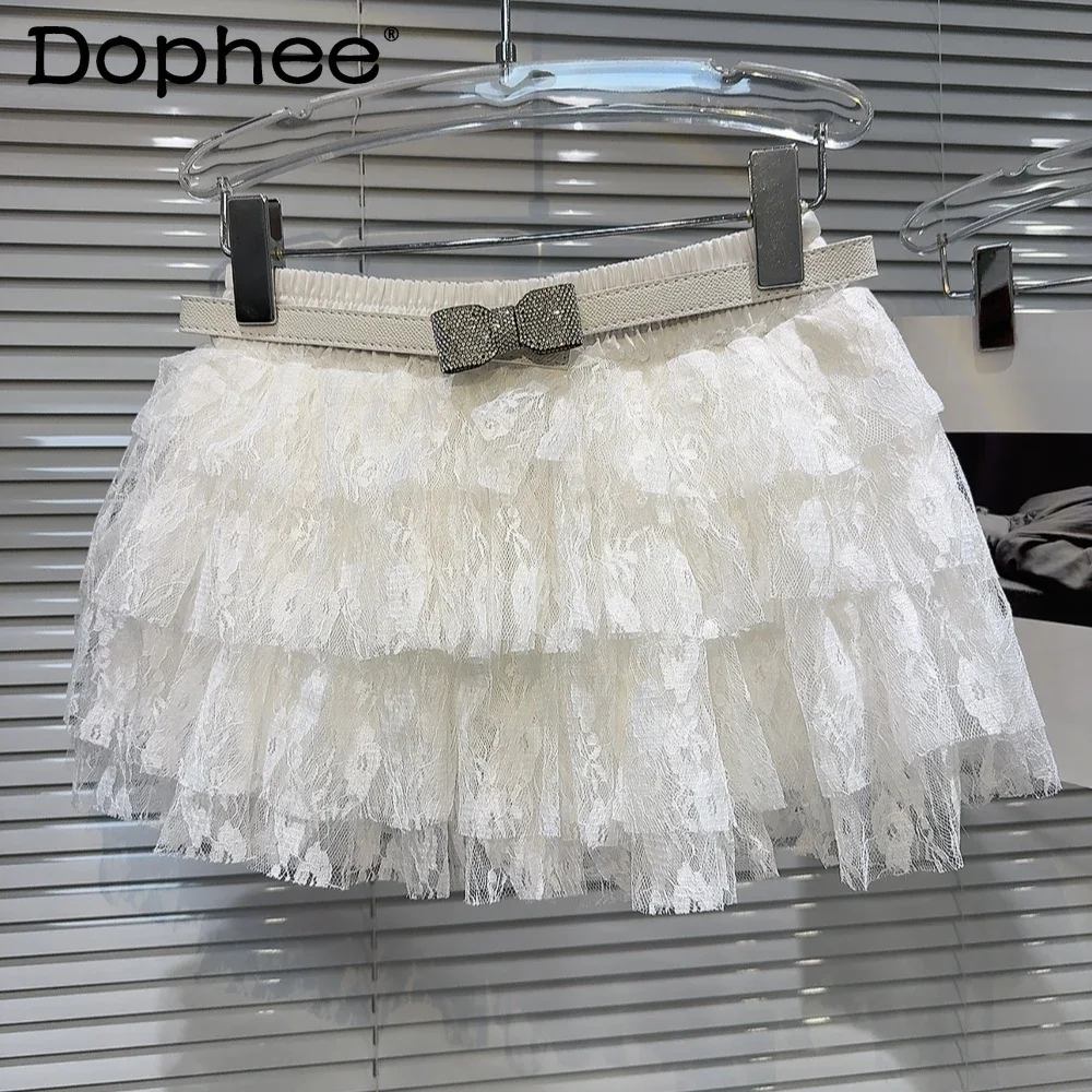 

Bow Diamond Belt Cake Skirt Female Black Skirts 2024 Summer New Multi-layer Lace Sweet White Skirt A Line Mini Skirts