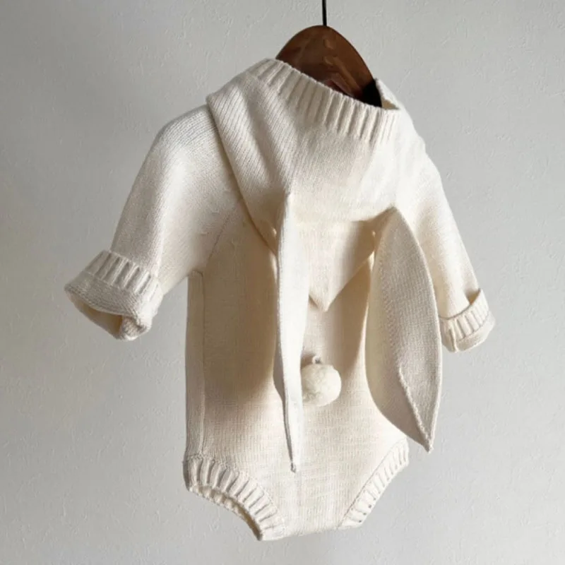 Outono inverno estilo coreano crianças roupas de malha bebê recém-nascido meninas bodysuits de malha cor sólida tricô com capuz macacão