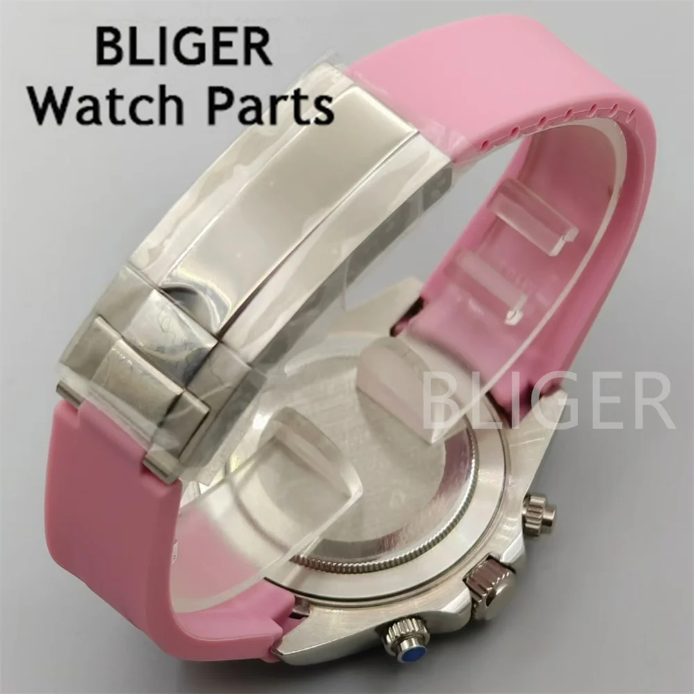 BLIGER 39mm VK64 Quartz Chronograph Men\'s Watch Pink Dial Sapphire Glass 5 pin 6 o \'clock date Luminous Waterproof Rubber Strap