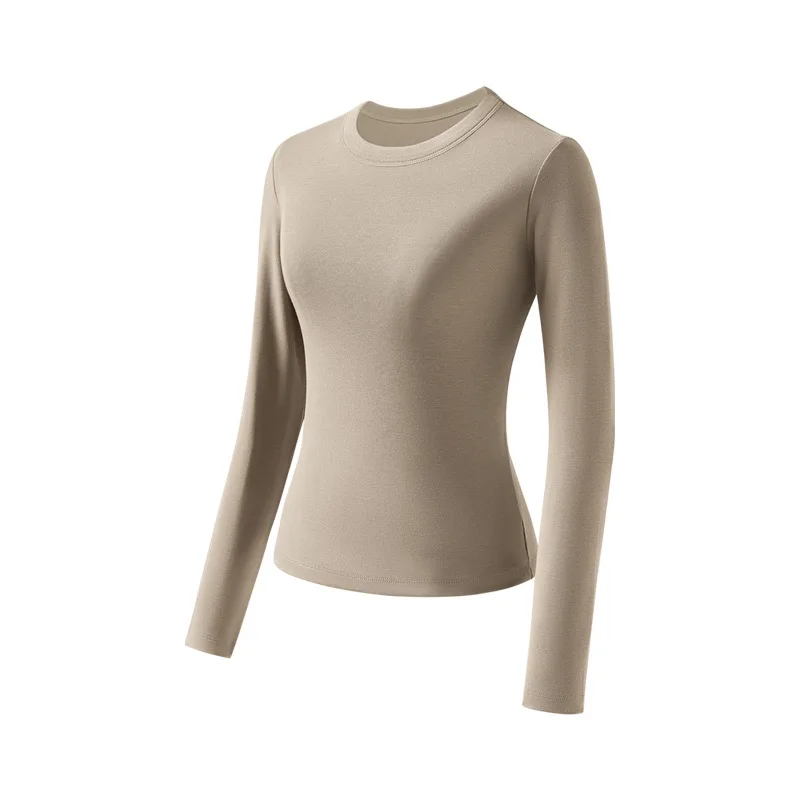 Women's Solid Cotton Long-sleeved T-shirt Elastic Close-fitting O-Neck Sporty Base Shirt Black Female Outdoor Sportswear Tops