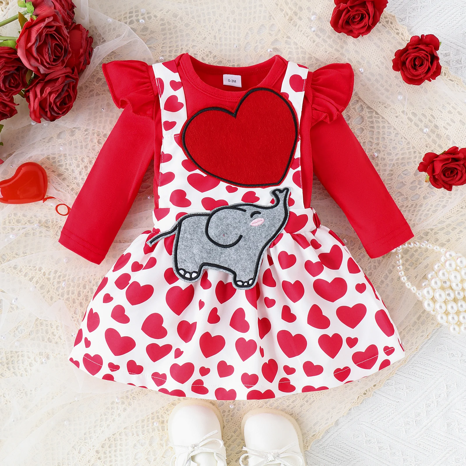 2PCS Spring And Autumn 0-1 Years Old Girl Baby Sweet And Fashionable Red Flying Sleeve Suit + Elephant Caring Strap Skirt Set