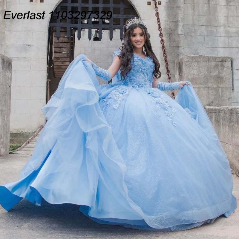 

EVLAST Bling Blue Quinceanera Dress Ball Gown 3D Flowers Applique Beads Crystal With Cape Sweet 16 Vestidos De XV 15 Anos TQD700