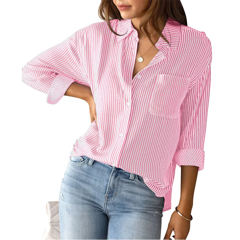 Elegant and youth woman blouses Fashion 2023 spring casual pocket striped print long sleeve button up shirt Blue khaki green top