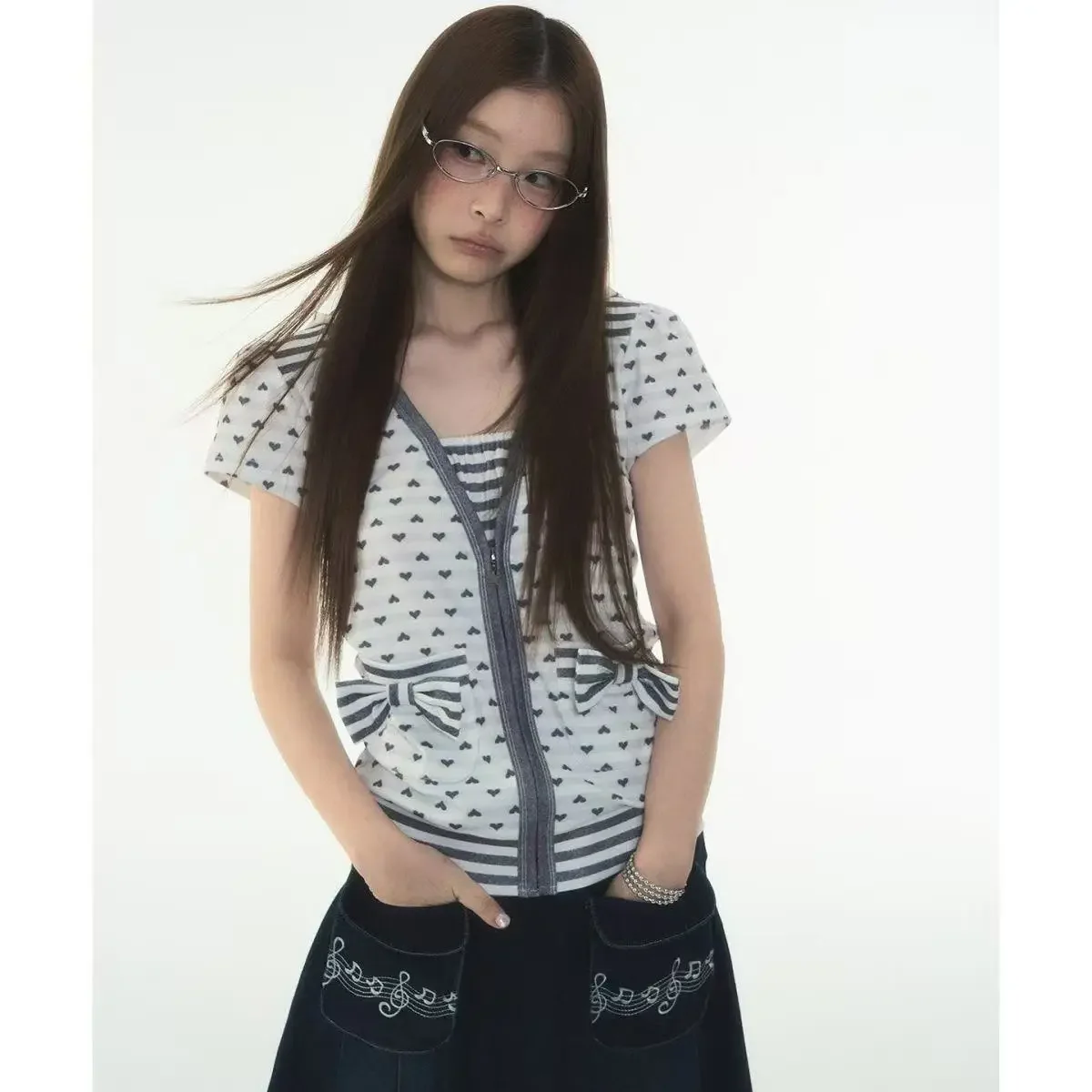 Kawaii Heart Print Hooded Zip Tunic Puff Short Sleeve Striped Hem Bow Accent Pockets Soft Girly Slim Fit Harajuku Top