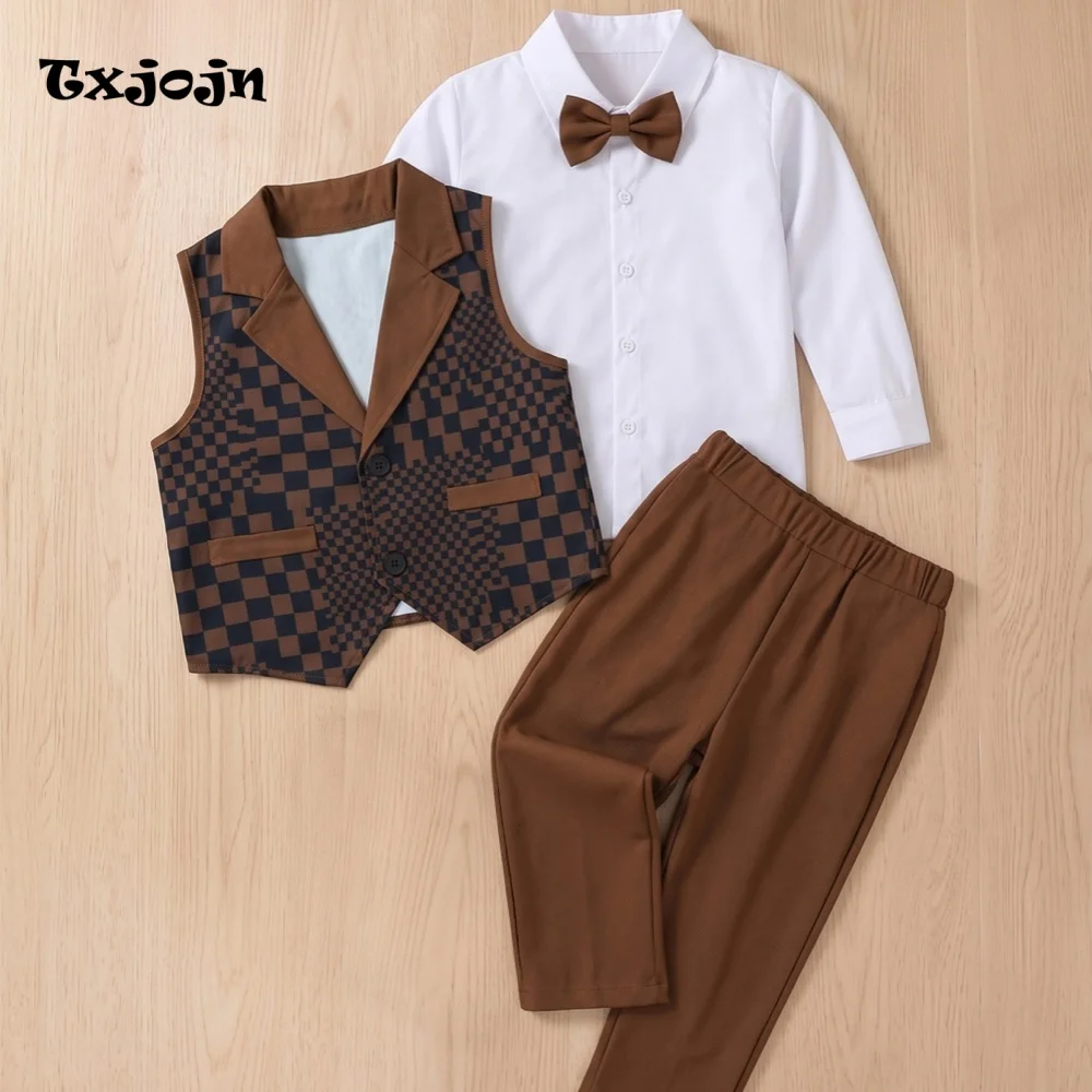 Boy's Formal Suit Set for Homecoming Children's 3 Piece Set Plaid Clothes Bow Long-sleeve Top Pants Vest Kids Party Outfit