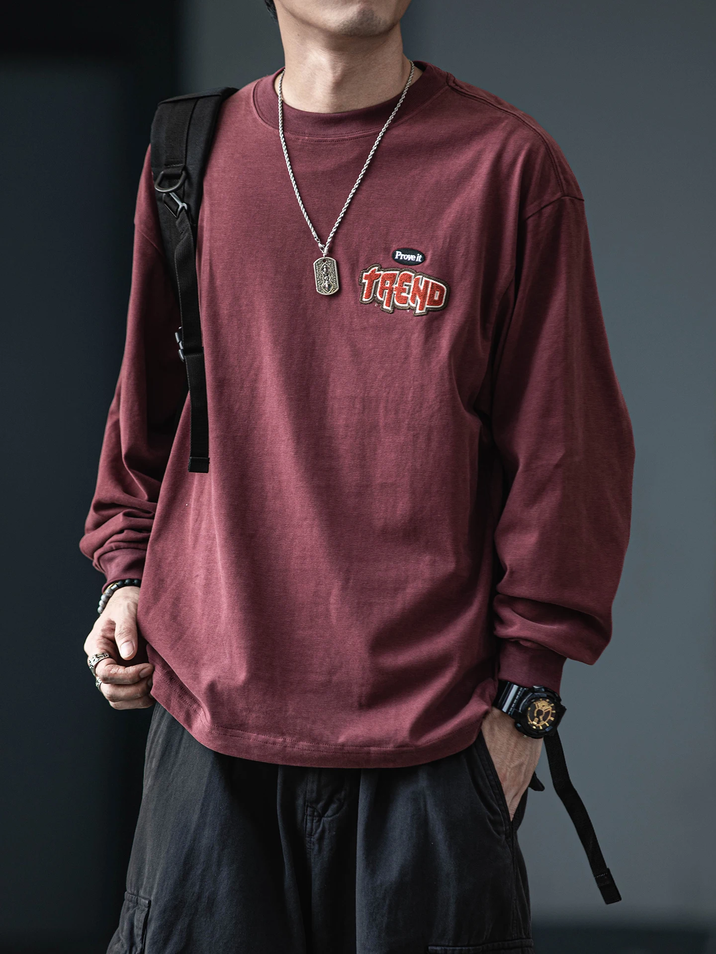 Mens Korean Streetwear Cotton T-Shirt Long Sleeve Pullover Loose Fit Casual Sweatshirt Trendy High Quality Patch Embroidery Tops