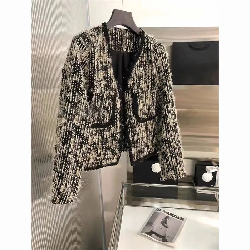 

Chic Small Fragrant Style Jacket For Women Spring Autumn New V-Neck Design Short Coat Ladies Temperament Retro Outwear Tops