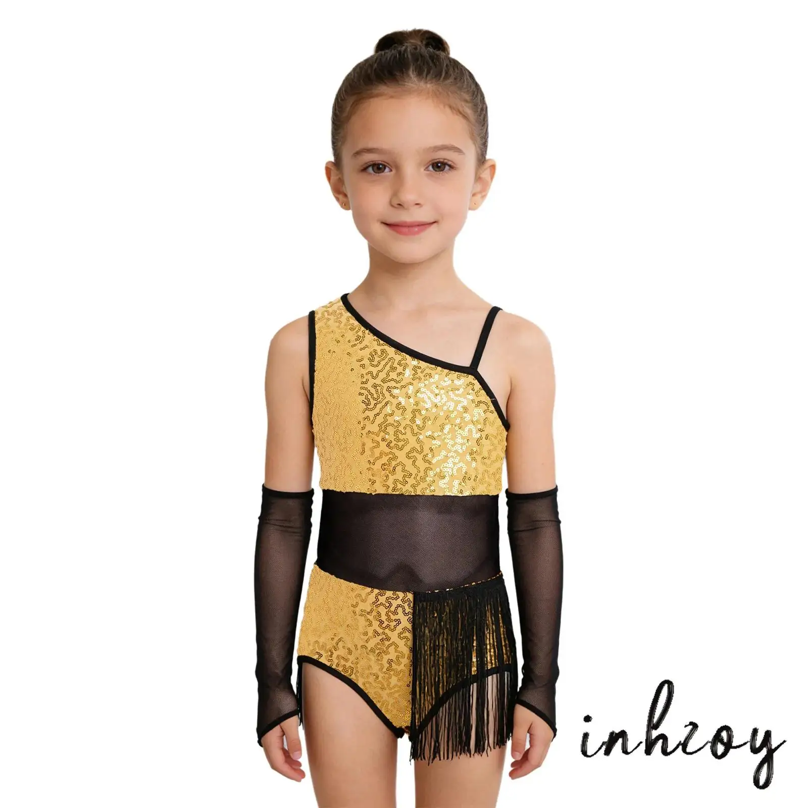 

Child Jazz Ballerina Dance Practice Costume Girls T One Shoulder Lace Long Sleeve Leotards Dress for Stage Ballroom Dance Show