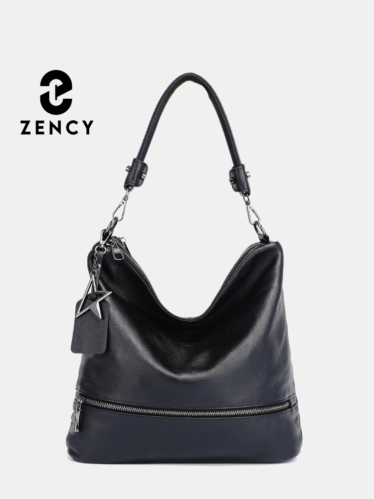 Zency Women Casual Genuine Leather Tote Handbag Shopper Ladies Black Big Shoulder Bags Crossbody Multi-Pocket With Long Strap