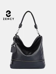 Zency Women Casual Genuine Leather Tote Handbag Shopper Ladies Black Big Shoulder Bags Crossbody Multi-Pocket With Long Strap