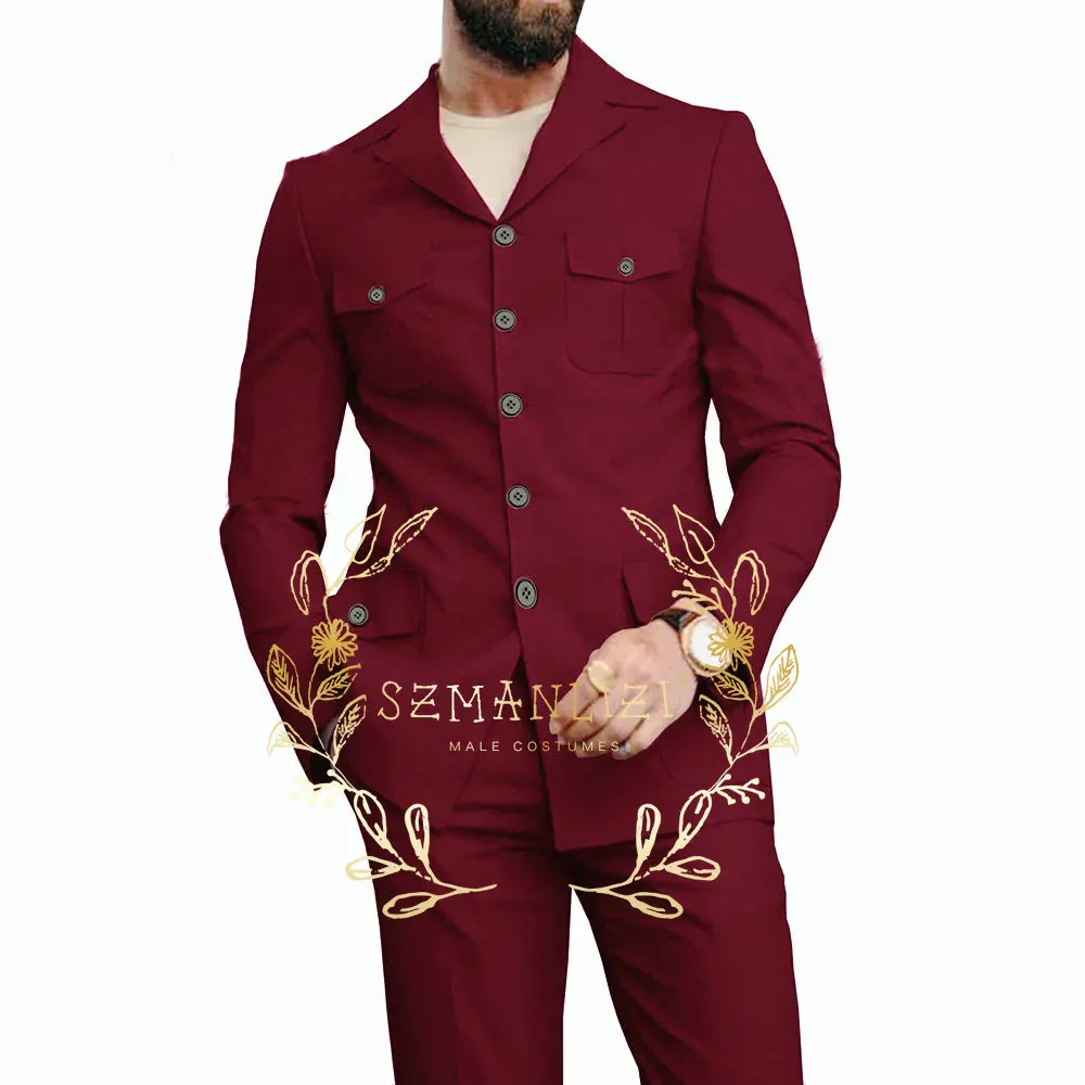 

2024 African Style Burgundy Mens Suits With Pant Notched Collar Male Wedding Dress Groom Party Tuxedos Terno Masculino