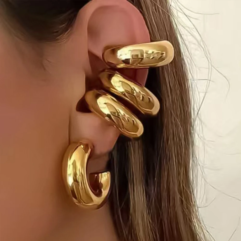 Badu Stainless Steel Round Chunky Ear Clip Earrings for Women Waterproof Thick Gold Color Non Piercing Ear Cuff Fashion Jewelry