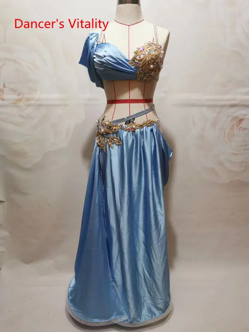 Belly Dance Performance Costume Set for Women Customized Hand Made Stones Bra+split Stain Skirt 2pcs Female Oriental Dance Wear